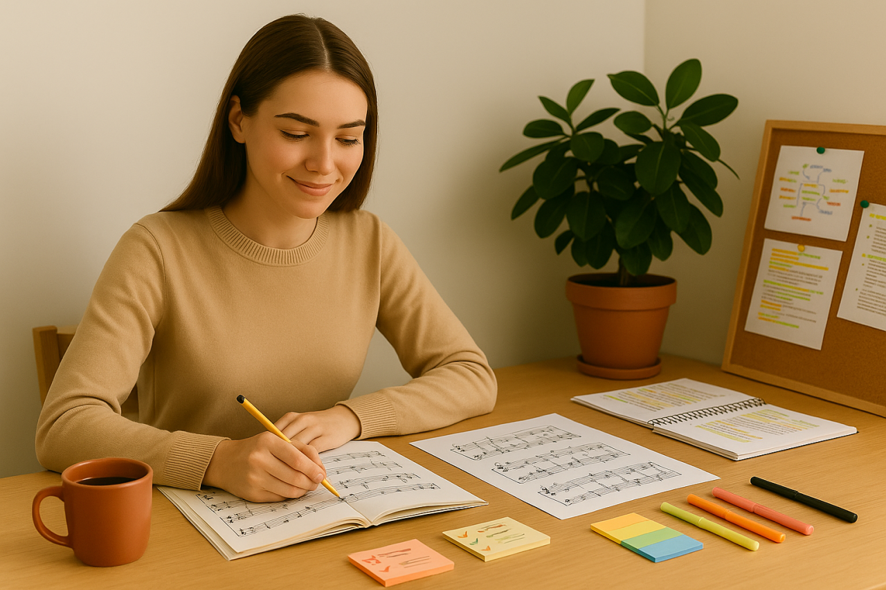 Confident female music student studying efficiently with organized notes, representing smart and successful learning habits
